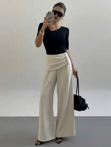 DAZY Women's Casual Metal Buckle Pleated Commuter Pants - Beige - View 5