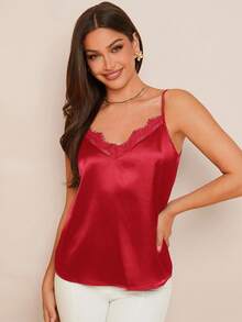 Amorya Women's Elegant Satin Blue Camisole With Lace Trim, Versatile For Spring/Summer Wear Or As An Undershirt In Autumn/Winter - Red - View 3