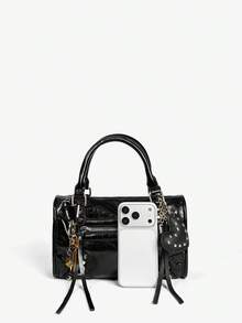 Viva Strut 女士手提斜挎包，PU材质，四季通用，适合晚餐/约会/派对/上学/旅行/通勤/购物等场合，Y2K、蒸汽朋克、时髦、哥特、诡异风格，女士手提斜挎包，流苏装饰，多口袋设计，鳄鱼纹印花，便携易用，适合派对、返校季、学生等场合，优雅女士包，2000年代时尚风格女士包 - 黑色 - 查看 4