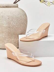SHUZIA New Fashionable Ladies' Beige/Clear Thong Round Toe Wedge Comfortable Slip-On Spring Summer Holiday Vacation Shoe - Clear - View 5