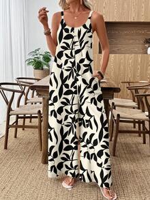 EMERY ROSE 大码女式优雅树叶印花连体裤，休闲时尚，适合春夏穿着 - 彩色 - 查看 7