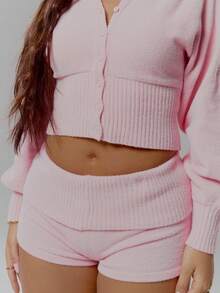 MUSERA Knit Foldover Waist Hotpants Shorts Co-Ord Bottom Only Streetwear Coolgirl Winter Sexy Casual Odd Drift - Pink - View 6