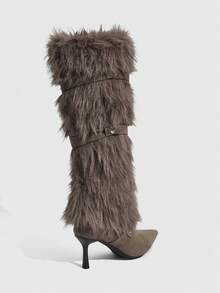 CUCCOO SZL 女士尖头人造毛皮拼接过膝高跟靴 - 淺粉色 - 查看 8