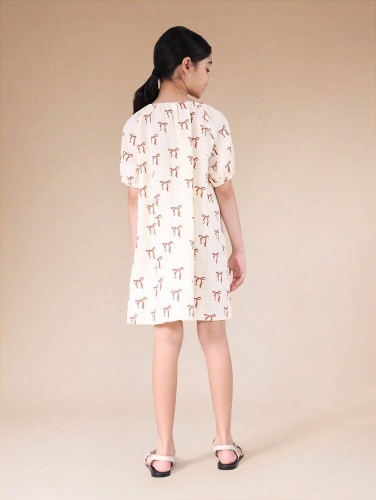 Bow Print Puff Sleeve Mini Dress