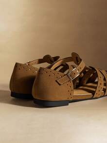 Rosivie 25 Spring/Summer New Hollow Woven Round Toe Retro Design Flat Women Shoes Valentine's Day - Brown - View 4