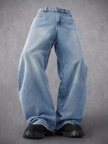 Manfinity Denimwave Quần jeans ống rộng phong cách đường phố dành cho nam, in hình cánh chim, rách rưới và bạc màu. - Rửa nhẹ - Xem 3