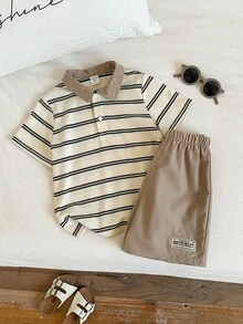 SHEIN 两件套男童夏季休闲可爱撞色条纹POLO领短袖上衣搭配松紧腰短裤套装，适合生日派对、锐舞派对、晚宴、演出、婚礼等场合。 - 彩色 - 查看 8