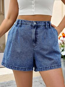 SHEIN Tall CURVE Plus Size Plain Simple Everyday Denim Shorts - Dark Wash - View 4