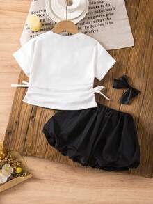 SHEIN 2pcs Baby Girl Cute Knit Bow Tie Short Sleeve T-Shirt & Elastic Waist Black Skirt Set - Black and White - View 2