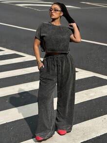 Muchica Bộ đồ nữ cỡ lớn in họa tiết bông tuyết, gồm áo thun và quần, gồm 2 món. - Màu xám đen - Xem 6