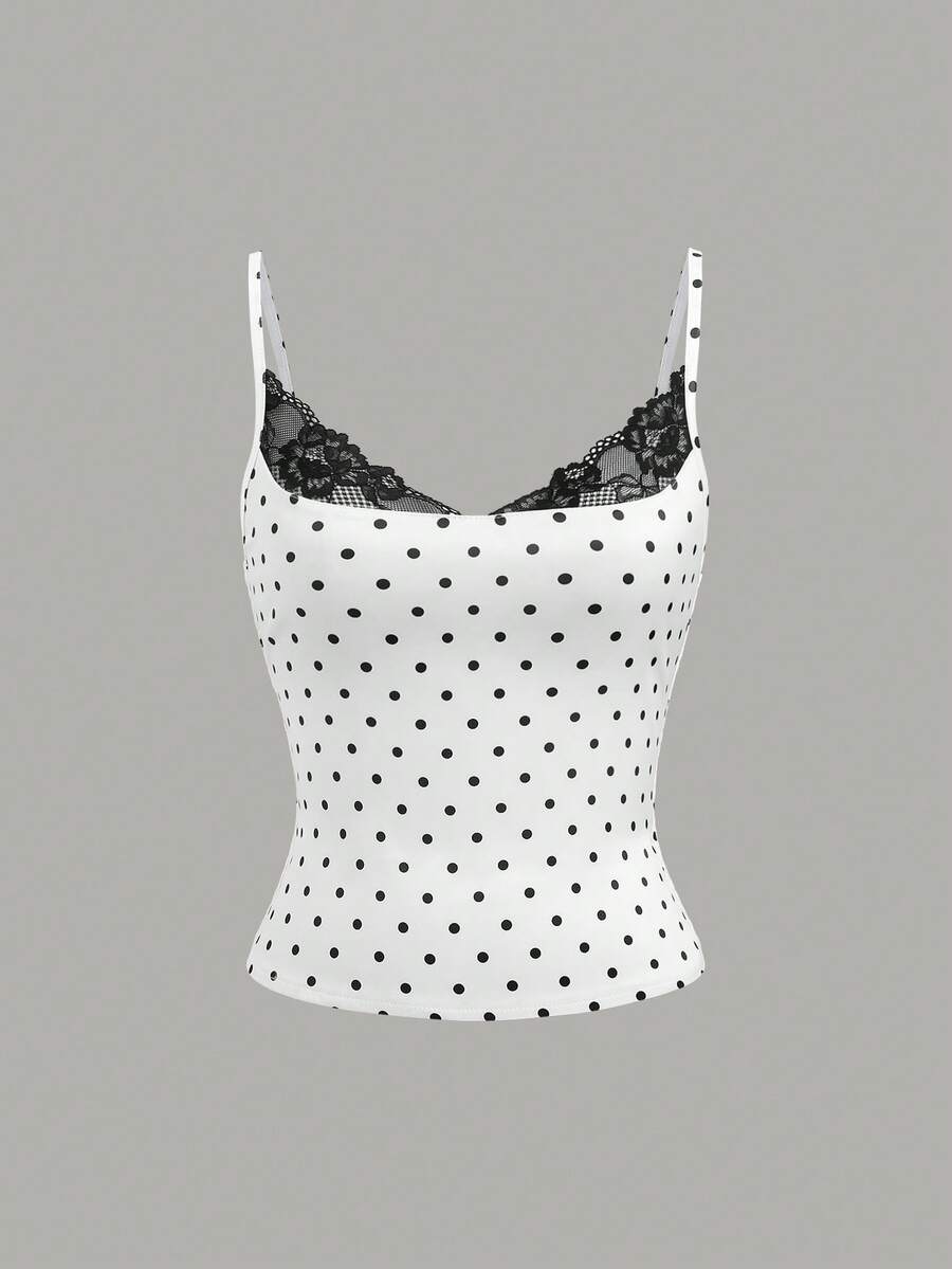 Sweetra 女士法式缎面波点蕾丝拼接修身吊带背心，夏季 - 白色 - 查看 1