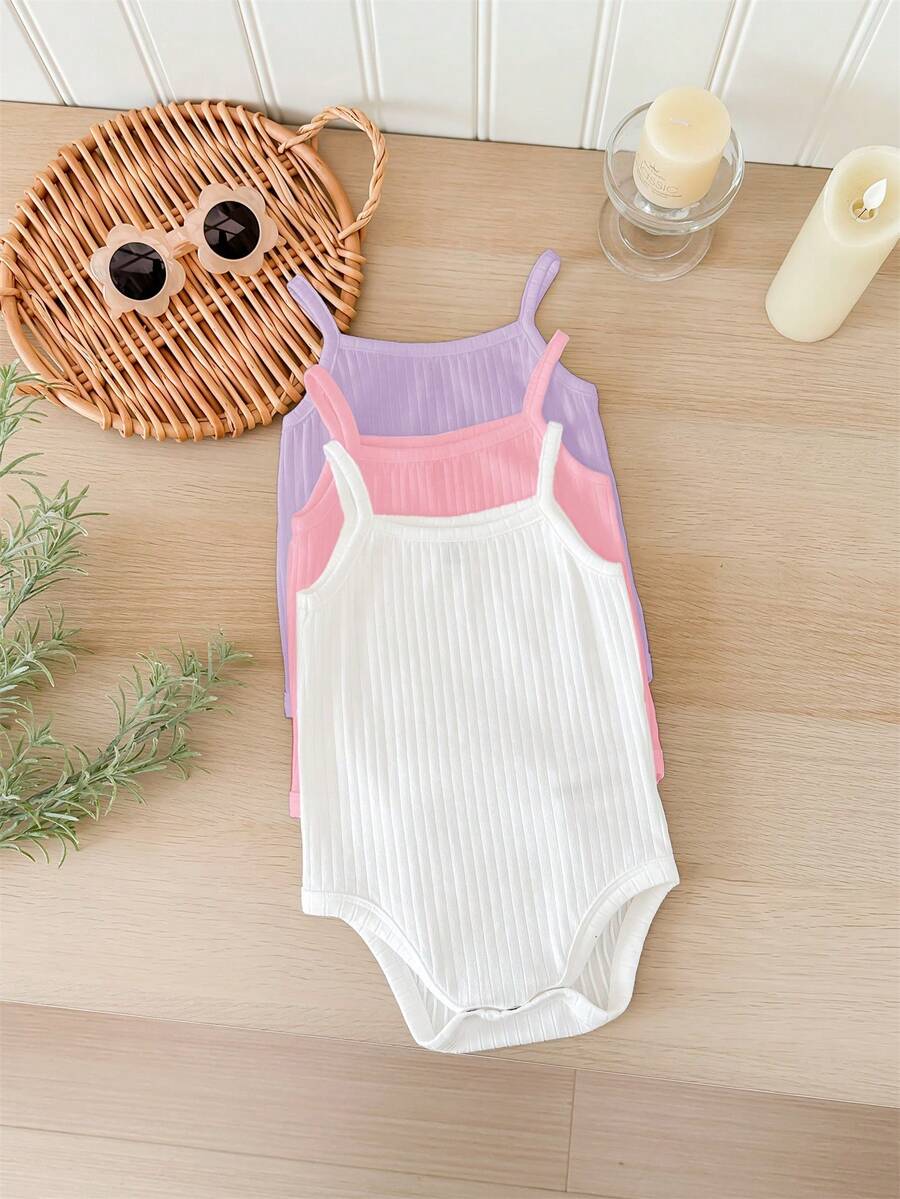 SHEIN LMoss Kids LMoss 3件套新生儿女宝宝可爱白色针织吊带连体衣套装,夏季款 - 彩色 - 查看 1