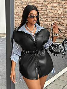 Maweii 女士PU皮革假口袋单排扣休闲宽松背心外套 - 黑色 - 查看 6