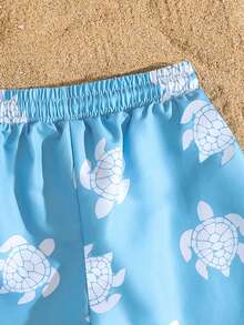 SHEIN 男童夏季海滩度假风全印花海龟抽绳腰泳裤 - 藍色 - 查看 4