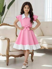 SHEIN Tween Girl Pink And White Summer Elegant Party Dress, Waist Cinched Collared Sleeveless A-Line Patchwork Design, Preppy Tween Girl Bow Casual Commuting Dress - Pink - View 1