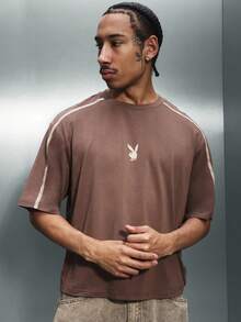 PLAYBOY X SUMWON Oval Logo Crew Neck Short Sleeve Regular Fit Cotton T-Shirt With Contrast Piping Details - Brown - View 4