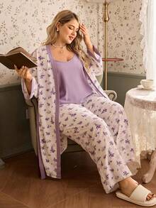 CottageSlumber Conjunto de camiseta y bata de color púrpura con estampado floral y contraste de color para tallas grandes - Morado - Ver 7