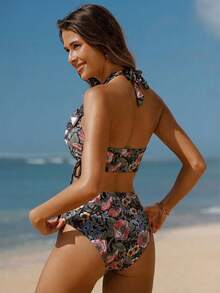 Swim Vcay Bộ bikini và áo hai dây họa tiết hoa nhí dành cho nữ, thích hợp cho kỳ nghỉ lãng mạn trên bãi biển. - màu đen - Xem 2