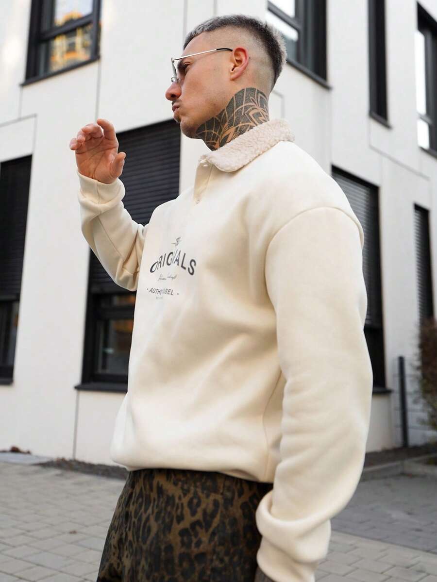 Artur Kramer 超火爆！新款秋冬男士街头拼接羊羔绒领宽松卫衣 | 时尚休闲 - 杏色 - 查看 1