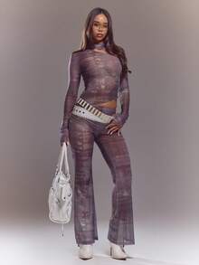 MUSERA Mesh Print Fitted Long Sleeve Top And Flared Leggings Set Spring Summer Cute Sexy Streetwear Night Out Ballet Sleeze - Multicolor - View 1