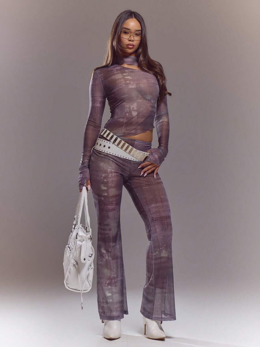 MUSERA Mesh Print Fitted Long Sleeve Top And Flared Leggings Set Spring Summer Cute Sexy Streetwear Night Out Ballet Sleeze - Multicolor - View 1