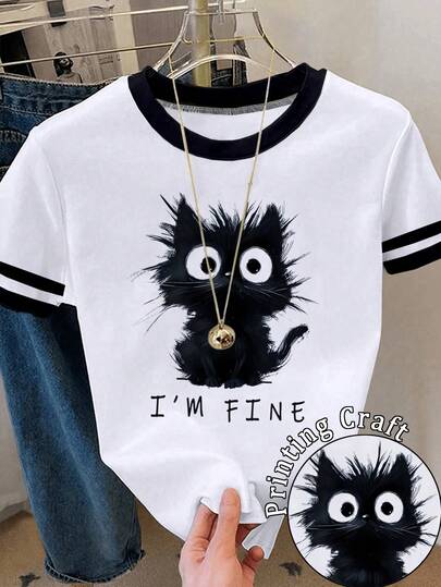 SHEIN Camiseta de mujer de manga corta con cuello redondo y estampado de dibujos animados, informal y de verano