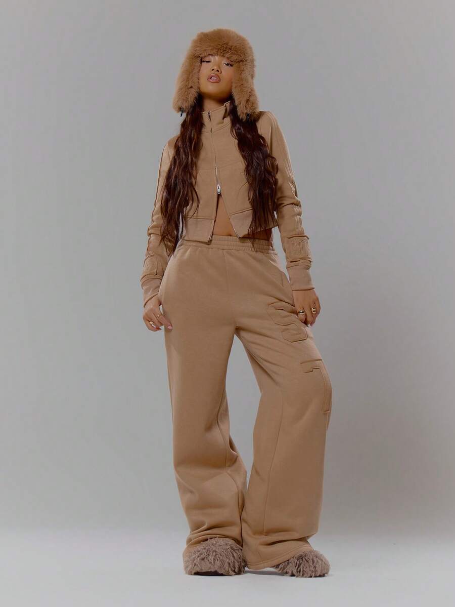MUSERA High Rise "97" Embroidered Detail Wide Leg Joggers Streetwear Coolgirl Winter Sexy Casual Odd Drift - Khaki - View 1