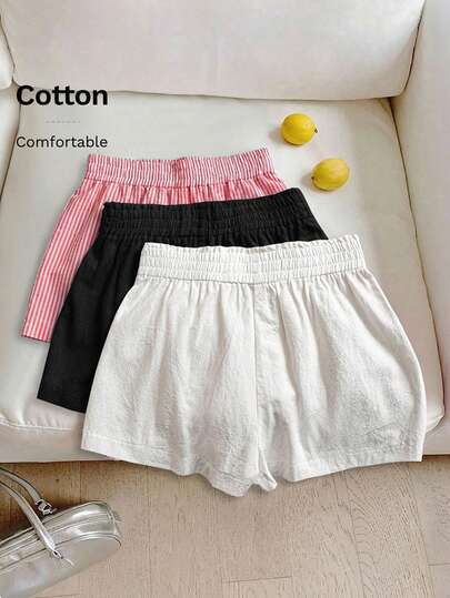 SHEIN LUNE 3 قطع مجموعة شورت كاجوال للنساء بخصر مطاطي، شورت قطن أبيض، شورت كتان أسود، شورت مخطط أحمر وأبيض، قماش مريح للارتداء اليومي الكاجوال، للربيع والصيف