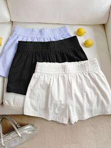 SHEIN LUNE 女士休闲弹力腰短裤三件套，包括白色棉质短裤、黑色亚麻短裤和蓝白条纹短裤，面料舒适，适合日常休闲穿着，春夏皆宜。 - 藍色 - 查看 2