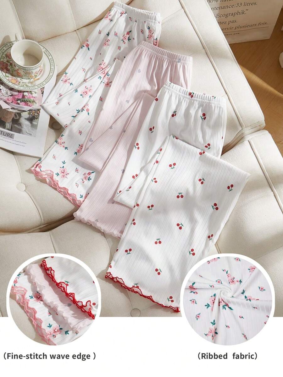 SHEIN 3 pièces Ensemble de pantalons de pyjama côtelés pour femmes, imprimé floral romantique, cœur et cerise - Multicolore - Voir 1