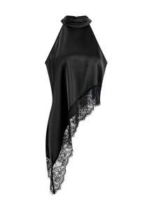 Franclia 黑色缎面蕾丝拼接不对称性感别致无袖上衣/吊带衫/度假/时尚吊带背心 - 黑色 - 查看 3