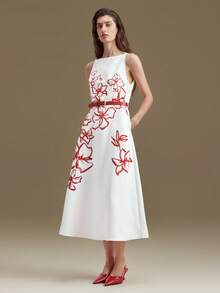 Ontre 2026新款春夏女式中长连衣裙，梭织面料，浪漫花卉印花，配腰带，时尚通勤，舒适简约，优雅 - 白色 - 查看 4