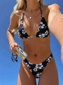 SHEIN Swim Mod Summer Women's Floral Print Halter Tied Sexy Bikini Swimwear - Multicolor - View 1