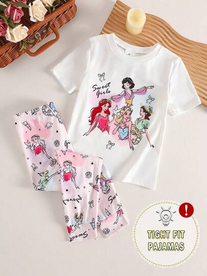 2pcs/Set Girls Knitted Round Neck White Short Sleeve Top And Pink Long Pants, Cartoon Girl Pattern, Casual, Comfortable, Soft, Cute And Interesting, Stretchy Homewear, Summer