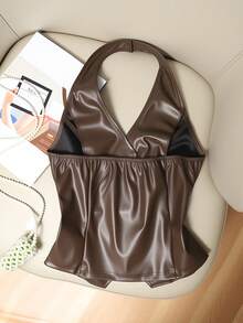 Franclia 女士纯色PU皮革露背单排扣时尚百搭约会派对上衣 - 咖啡棕 - 查看 2