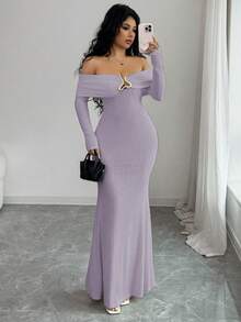 Rafferiza 优雅露肩长袖连衣裙，饰有不对称金属扣，双层领口，鱼尾下摆，纹理针织面料，秋冬款，米色 - 紫色 - 查看 4