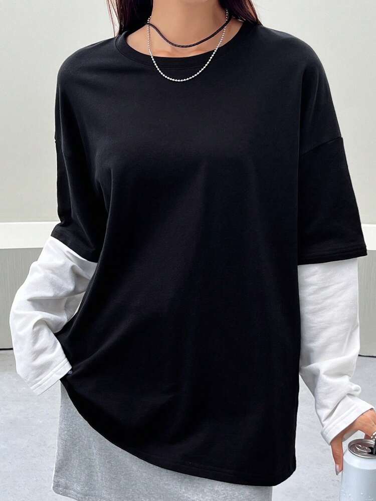Drop Shoulder 2 In 1 Tee,Fall Clothes Long Sleeve Women Tops