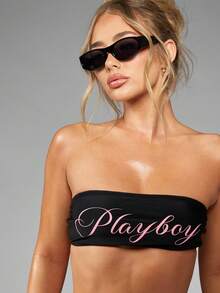 Missguided x Playboy Conjunto de bikini de verano de dos piezas, parte superior tipo bandeau y Bottom de corte alto, estilo retro brasileño para alberca, fiesta o vacaciones en la playa - Negro - Ver 4