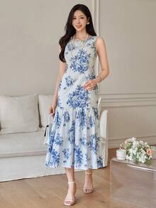 DAZY 女士优雅印花圆领无袖鱼尾中长连衣裙，夏季婚礼宾客礼服 - 藍色 - 查看 6