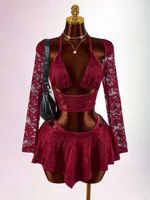 Amplova 2pcs/Set Sequin Detail Sexy Tight Fit Long Sleeve Crop Top & Tight Fit Inverted V Mini Skirt - Red - View 1