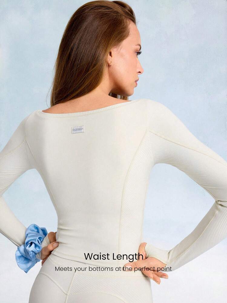 FeatherFit™ Momentum Buttery-Soft Stretch z dzielonym szwem, talia, długi rękaw, koszulka z otworami na kciuki, do codziennego noszenia na co dzień, do studia jogi o niskim wpływie