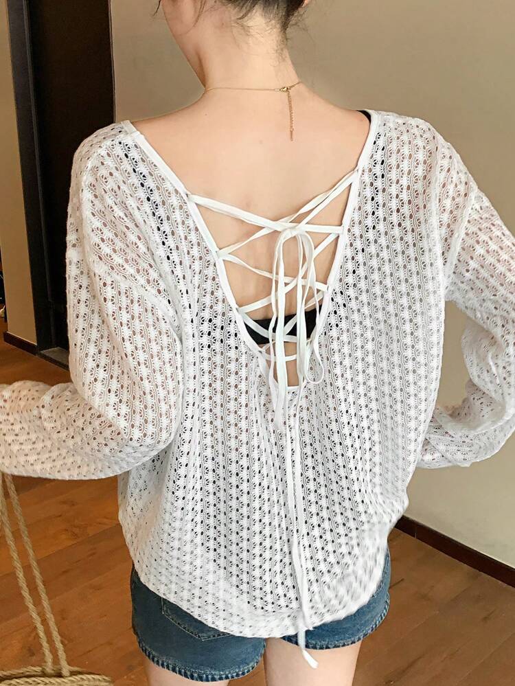 Women's Solid Color Criss-Cross Back Loose Drop Shoulder Hollow Out T-Shirt,Going Out Tops For Women