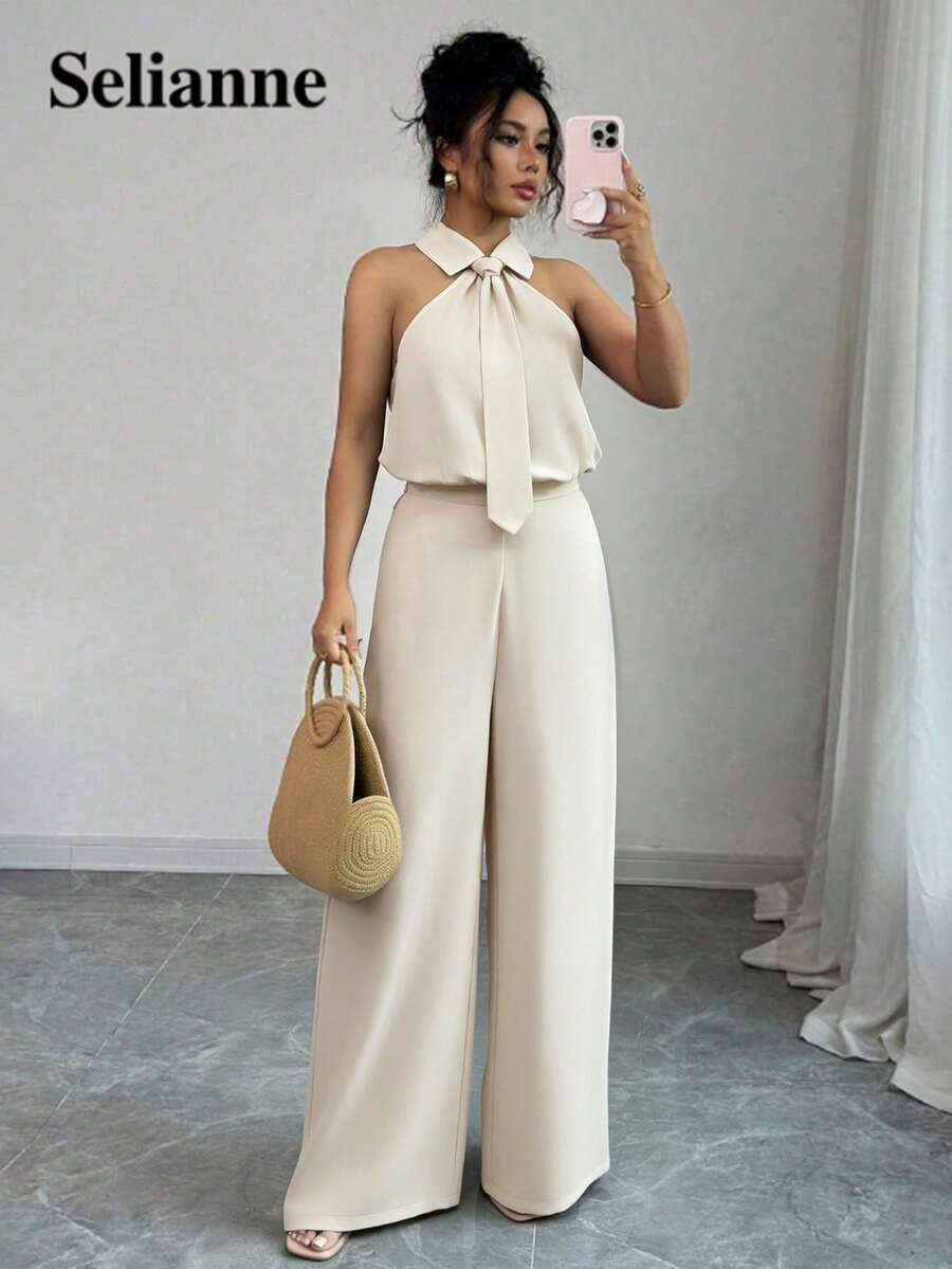 Selianne Apricot Cinched Waist Wide Leg Jumpsuit - Apricot - View 1