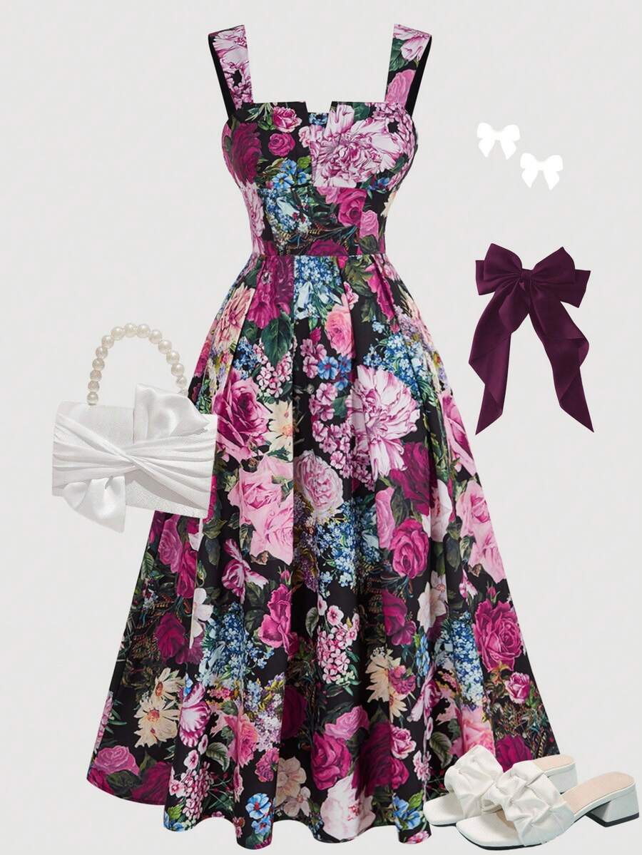 Girlism Tween Girls Floral Print Pleated Waist A-Line Dress, Pink/Black/Blue, Spring/Summer - Purple - View 1