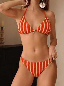 Swim Chiccia 女士条纹极简日常泳装套装 - 橘色 - 查看 7