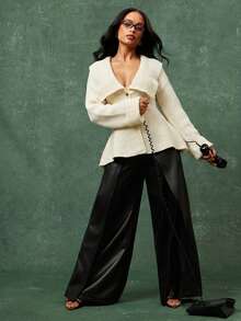Vixey Áo khoác cardigan tay dài cổ shawl rộng, vạt peplum, dệt gân. - Màu be - Xem 3