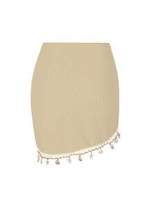 Swim Lushoire Women's Beige Summer Boho Beach Vacation Holiday Drawstring Ruched Starfish Shell Tassel Texture Fabric Split Hem Bikini Cover Up Skirt - Apricot - View 4
