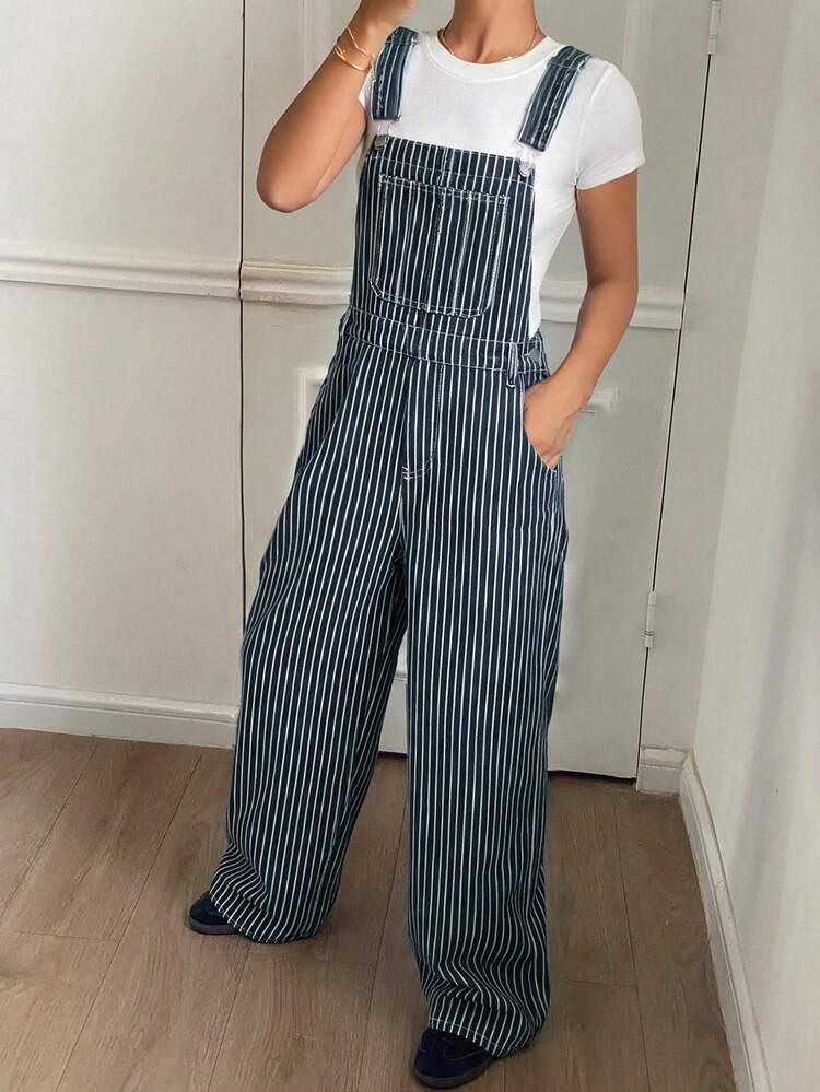 Women's Casual Striped Pocket Denim Bib Pants, Summer