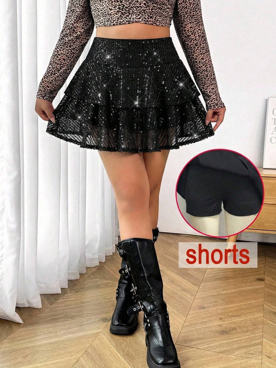 SHEIN 少女时尚街头休闲黑色亮片抽绳褶皱腰蛋糕裙,Y2K - 黑色 - 查看 1