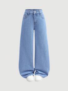 SHEIN 少女时尚休闲 Y2K 复古酷炫街头可爱精致蝴蝶结樱桃图案蓝色宽松舒适牛仔裤，适合少女日常穿着，也适合春夏派对、节日和街头服饰。 - 藍色 - 查看 2